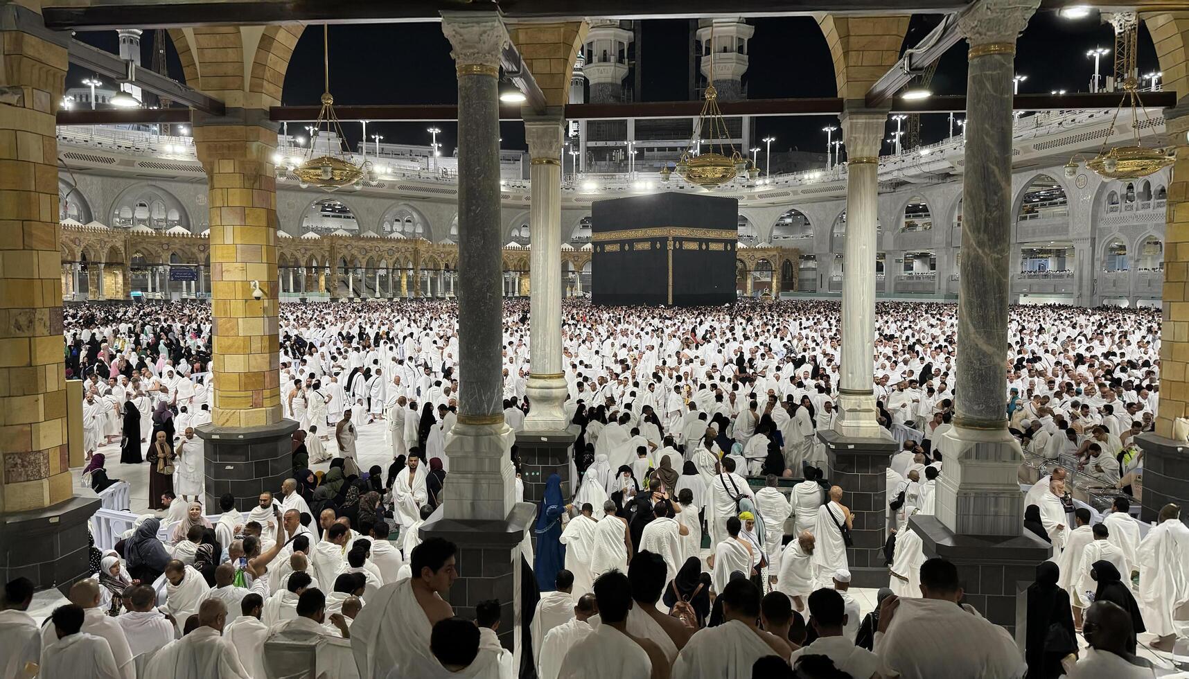 Muslim pilgrims perform Tawaf around the Kaaba after dawn prayer at Masjid al-Haram in Makkah. Translation. Praise be to Allah Who created the heavens and the earth and made the darkness and the light photo