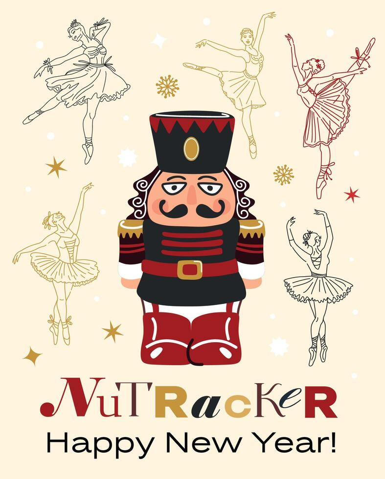 Christmas illustration card with Nutcracker on a ballet background New year illustration. vector