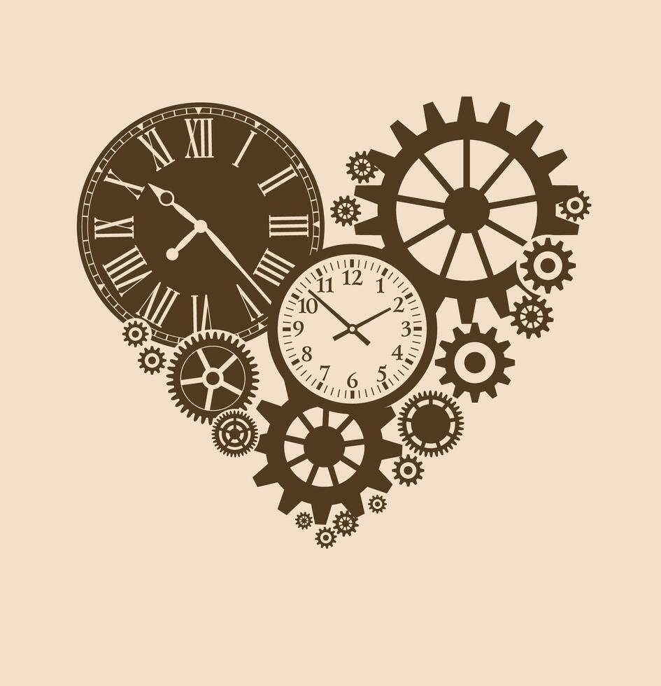gears on a beige background mechanisms clock in forrn heart vector