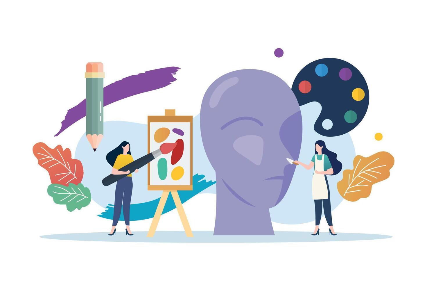 Art class scene with miniature people vector