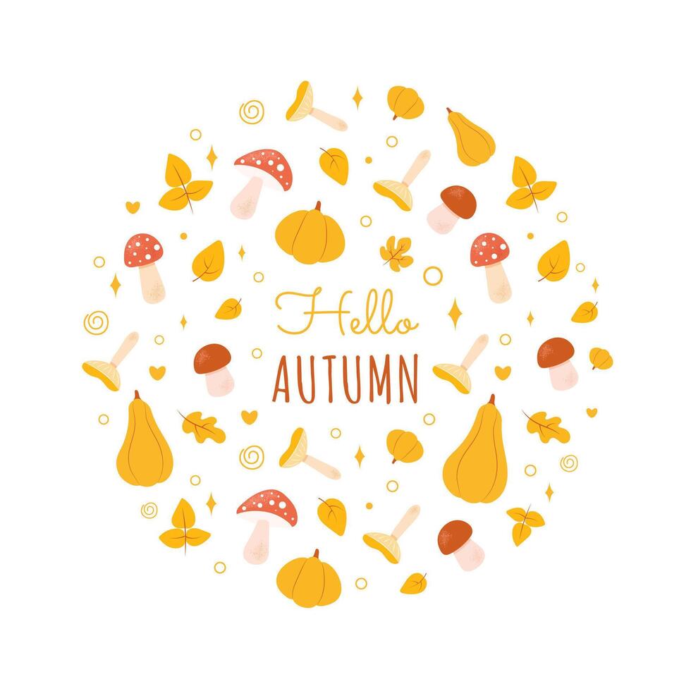 Cute Hello autumn circle frame card with autumn seasonal elements - pumpkins, leaves, mushrooms. Hand drawn flat cartoon illustration vector