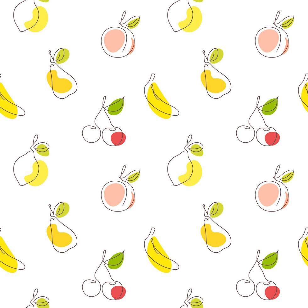 Fruits seamless pattern in one continuous line drawing style with colored spots. Summer fruits seamless pattern with banana, lemon, peach, pear, cherries. Perfect for clothing, textile etc vector