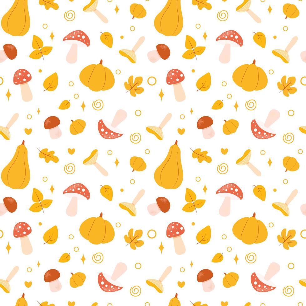 Autumn seamless pattern with autumn seasonal elements - pumpkin, leaves, mushrooms. Fall seamless pattern. Perfect for textile, fabric, packaging, wrapping paper, wallpaper, background etc vector