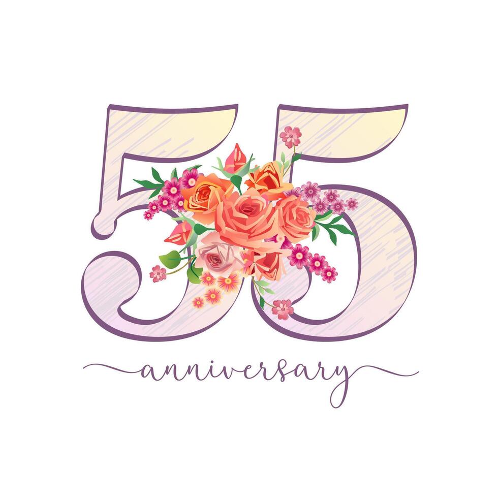 55 sketch number with 3D graphic bouquet. Set of nouveau 3D roses. 55th anniversary celebrating holiday banner. Cute isolated icon. Postcard template. 55 years old creative symbol. Gift card concept. vector