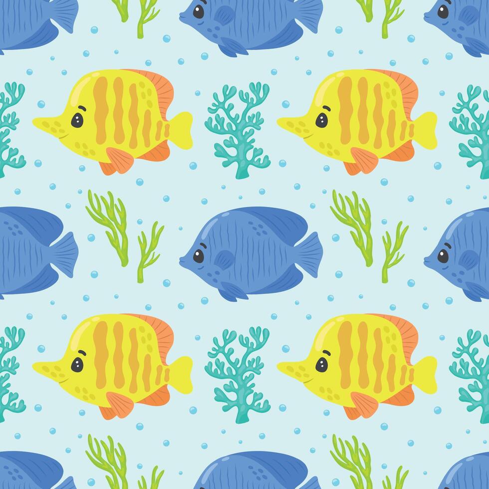 Seamless pattern with cute reef fish and corals. Funny multicolor background, marine texture. Modern illustration vector