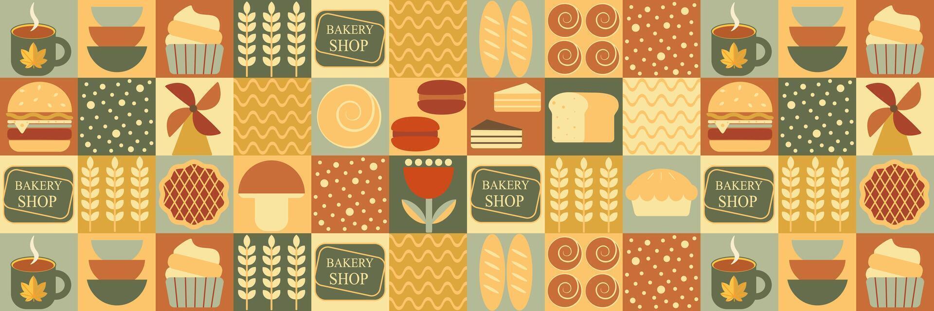 Pastries and dessert in trendy geometric style - seamless pattern with icons related to bakery, cafe, cupcakes and templates vector