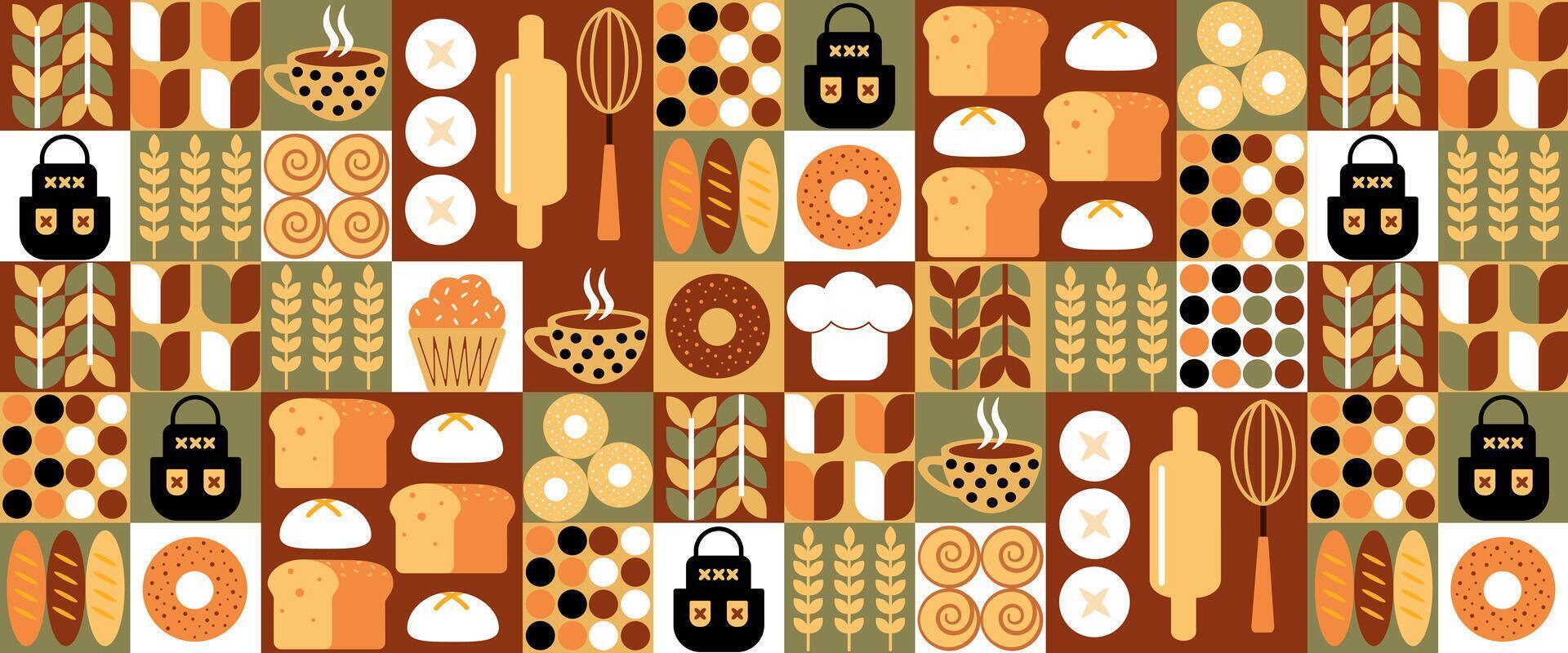 Bakery bread. Abstract geometric pattern of Bauhaus. Pastries and dessert in trendy geometric style - seampattern with icons related to bakery, vector