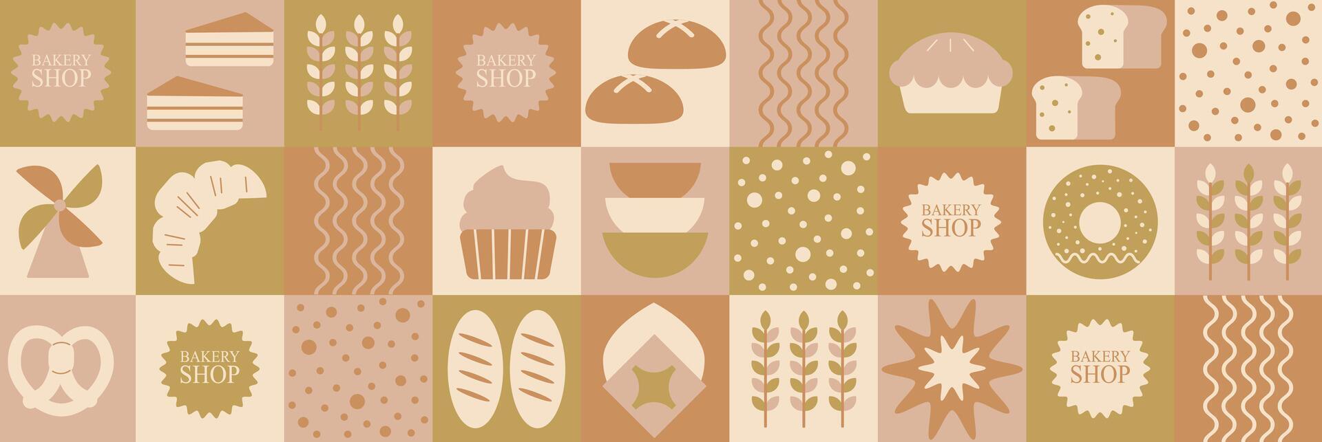 Abstract bakery menu background with line drawing. Geometric Bauhaus bread, a pattern shapes and designs vector