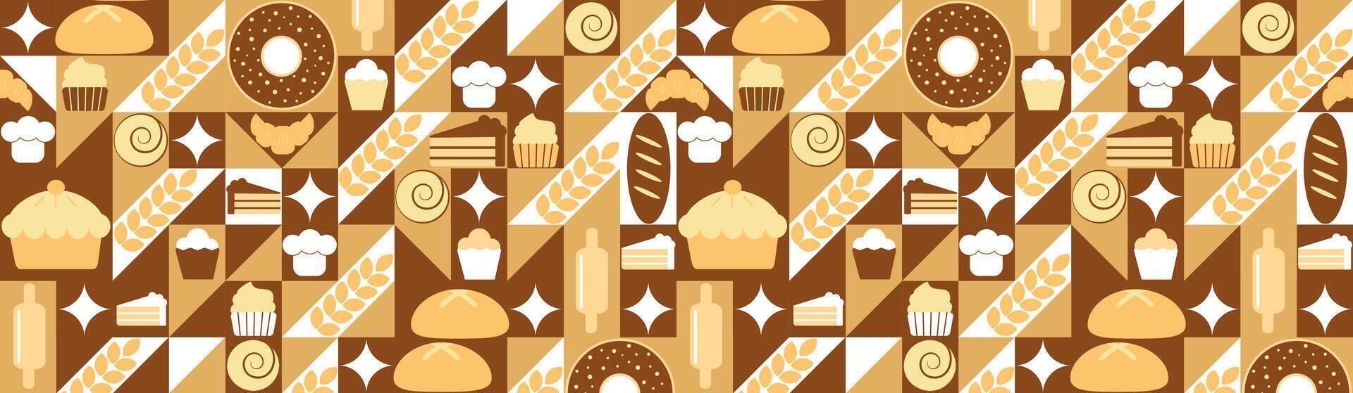 Abstract bakery menu background with line drawing. Geometric pattern Bauhaus bread, croissant, donut. a brown and white pattern vector