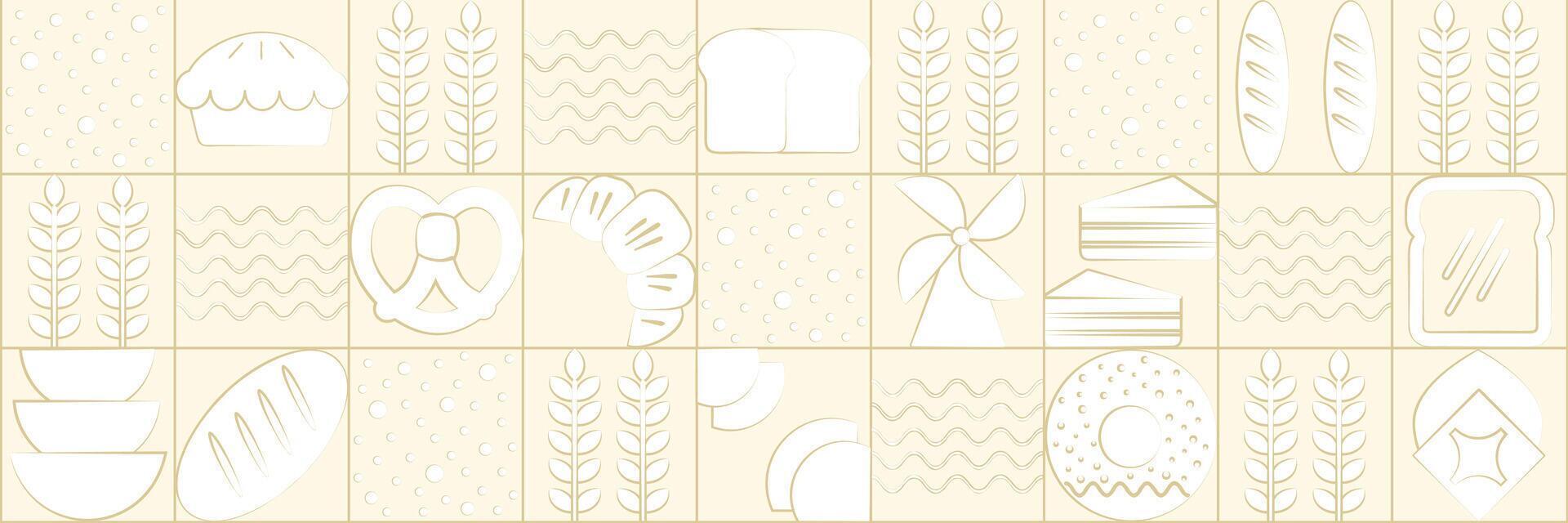 Menu background with line drawing. Geometric pattern Bauhaus bread, croissant, donut. Bakery line vector