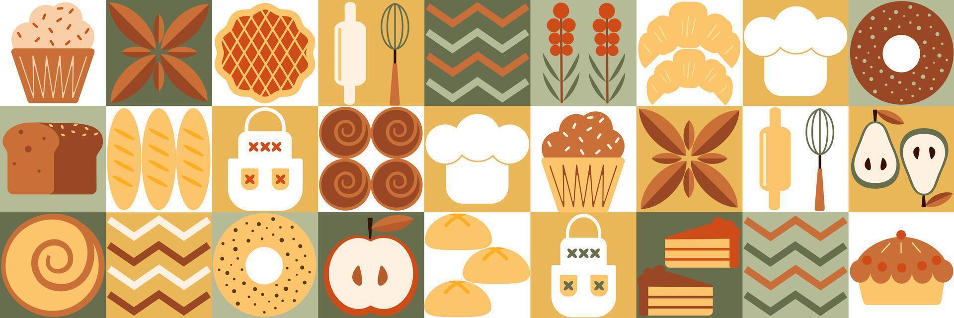 Bakery bread pattern. Abstract geometric of Bauhaus. Pastries and dessert in trendy geometric style pattern with icons related pattern of different types of food and desserts vector