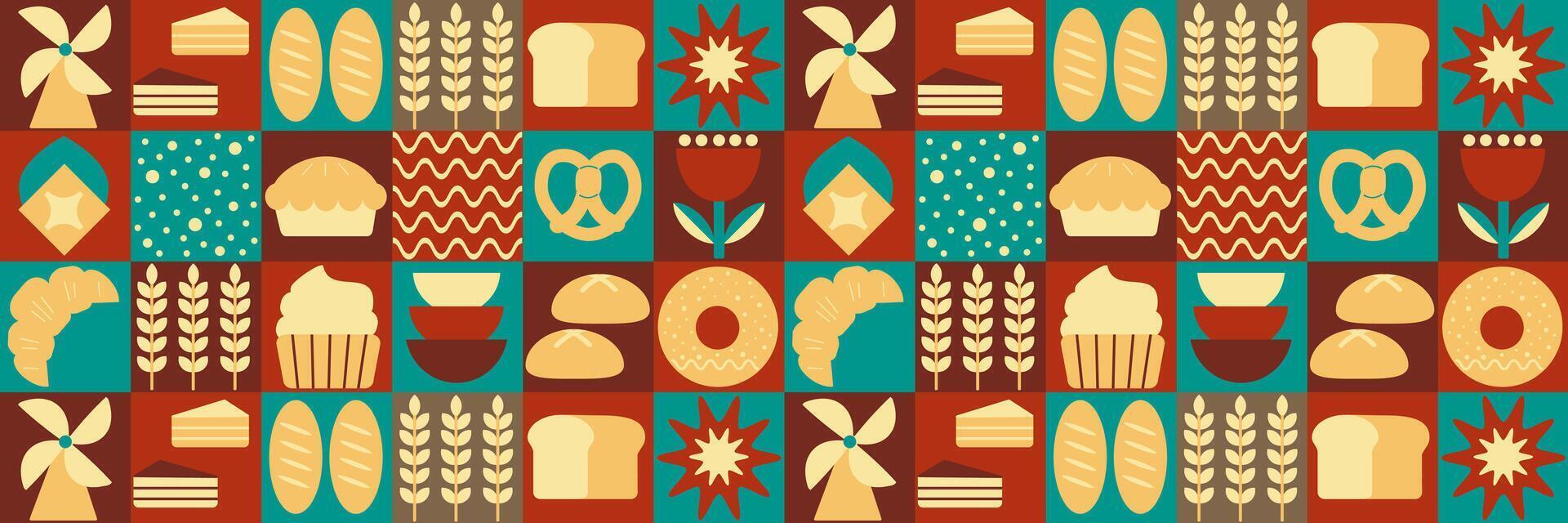 Abstract bakery menu background with line drawing. Geometric pattern Bauhaus bread, croissant. a colorful pattern with vector