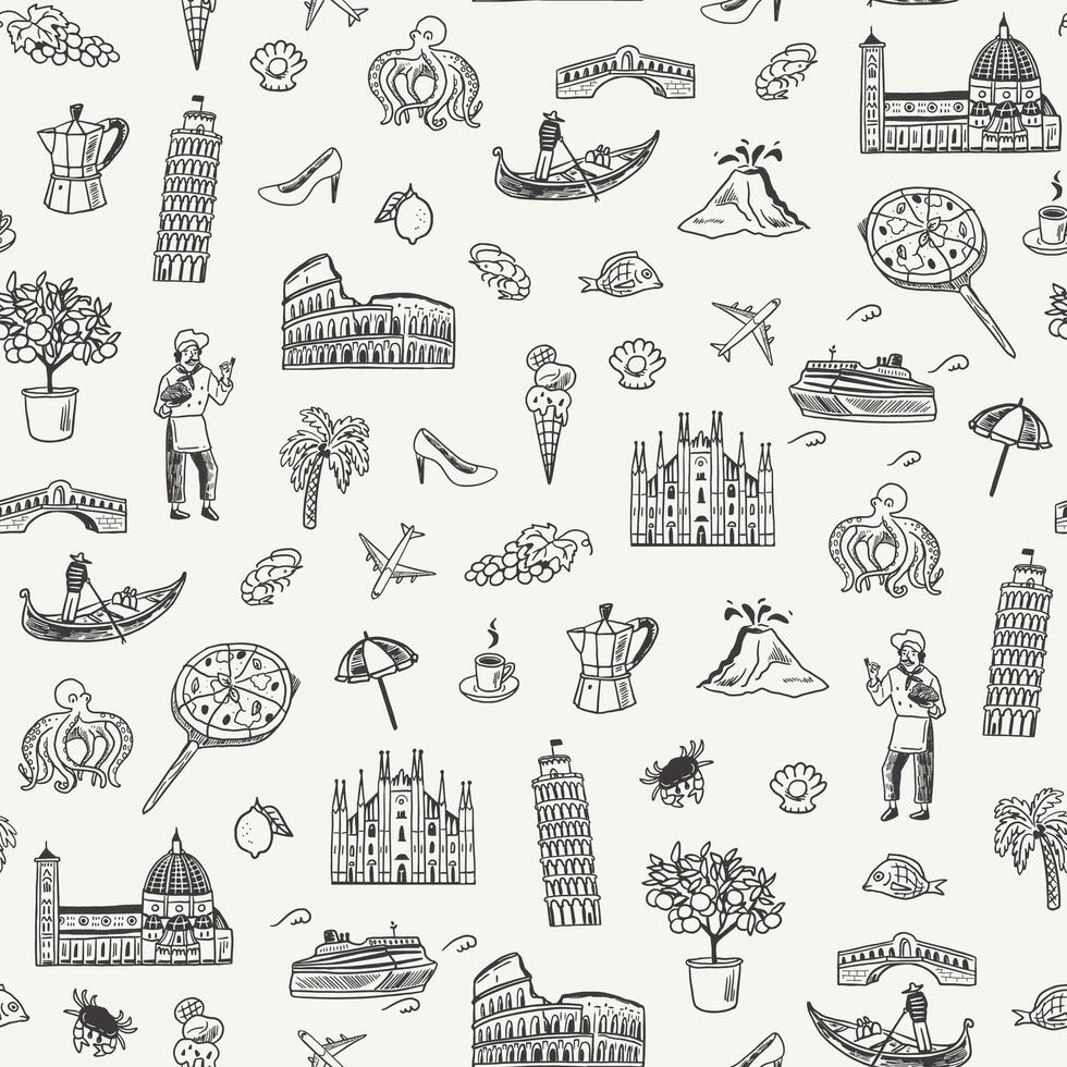 Seamless pattern with hand drawn italy travel icons vector