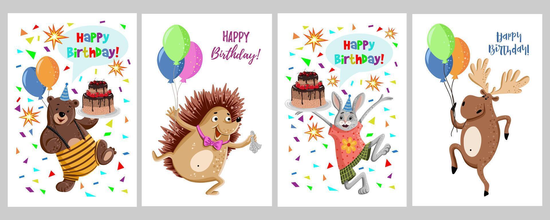 Set of cards with funny animals on white background. vector