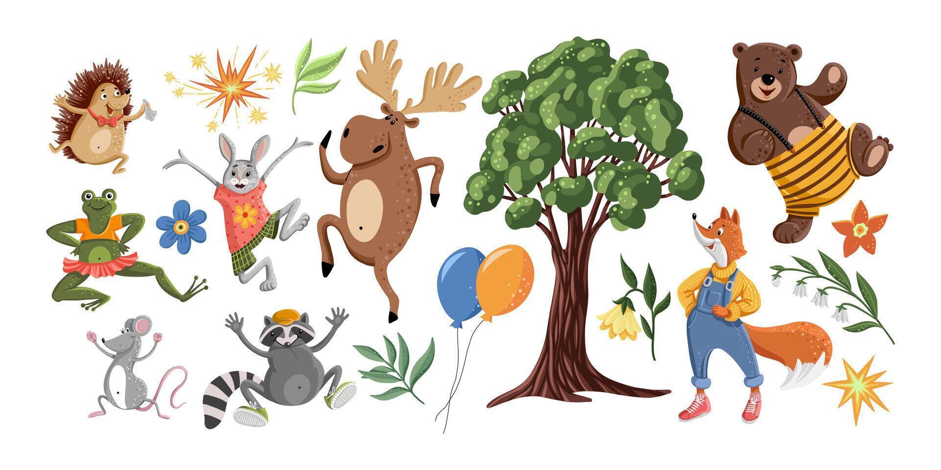 Set of cute fun animals with trees, flowers and balloons. vector