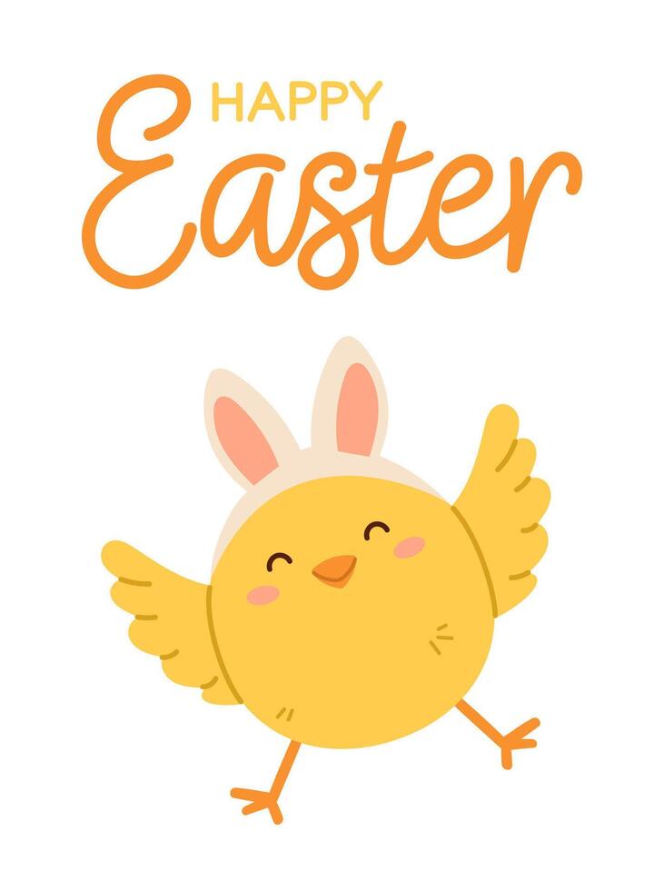 Happy Easter poster or greeting card with little chicken with Easter bunny ears. Flat illustration vector