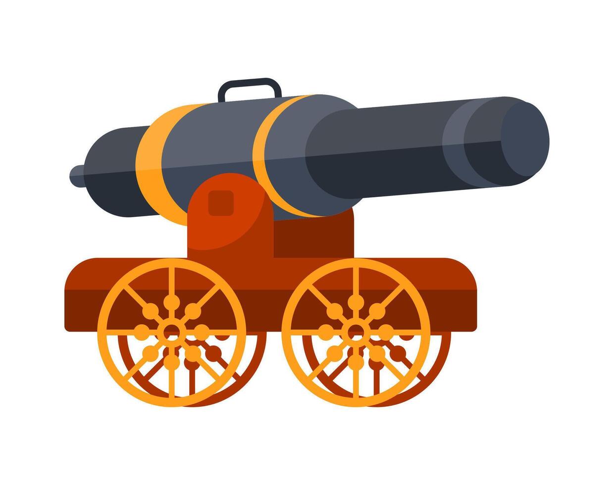 Large cannon placed on a wheeled carriage, ready to fire, isolated on white background vector