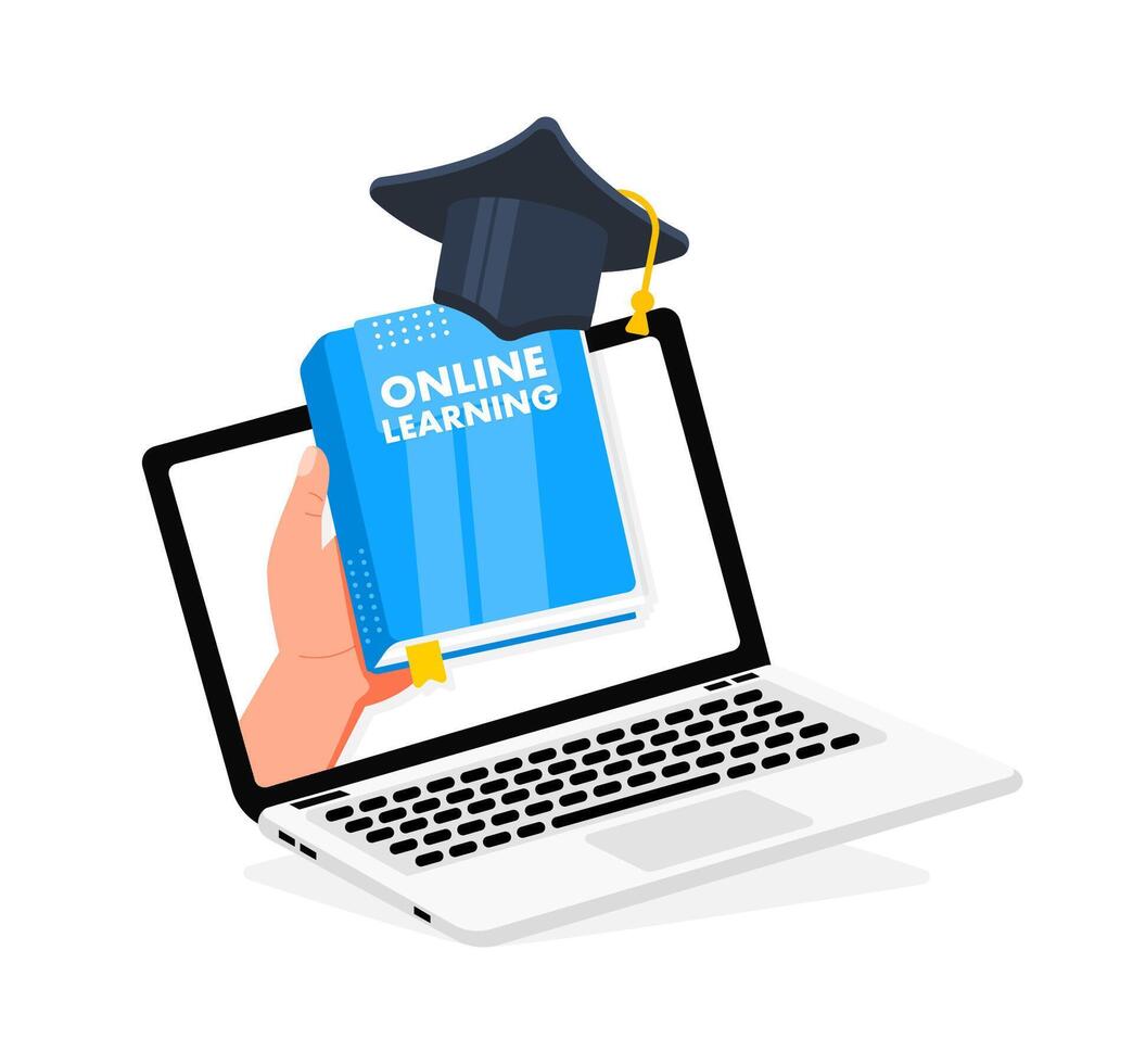 Hand holding online learning book coming out of laptop with graduation cap vector