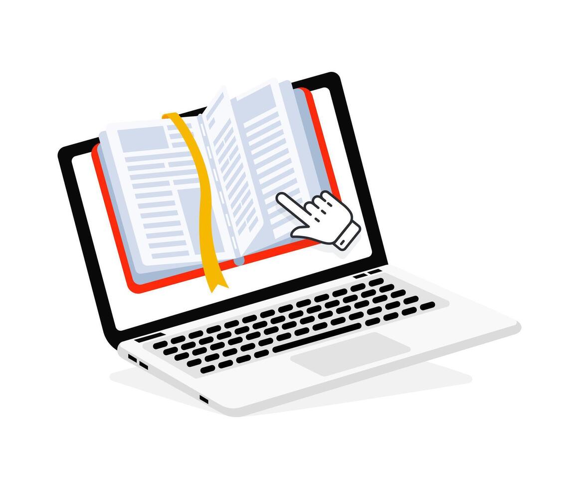 Hand cursor clicking on online book displayed on laptop screen, promoting online reading and digital library vector