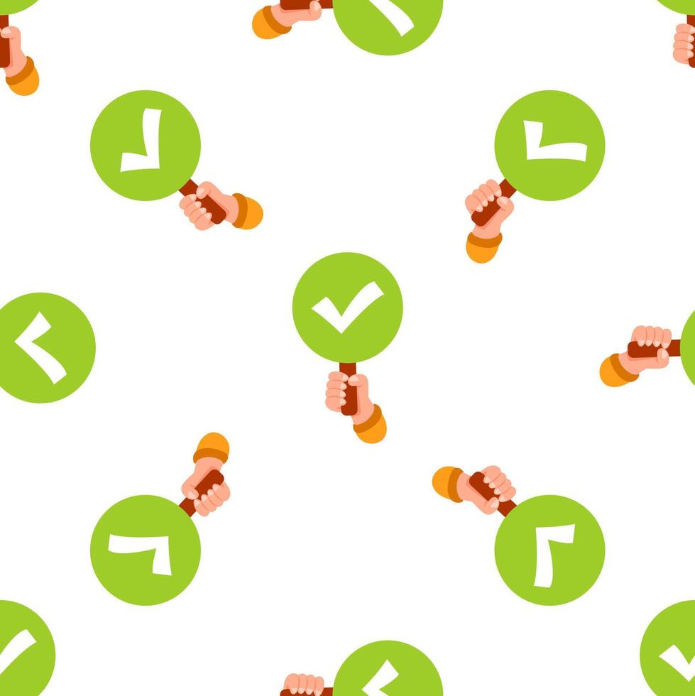 Hands holding green signs with check marks, seamless pattern background vector