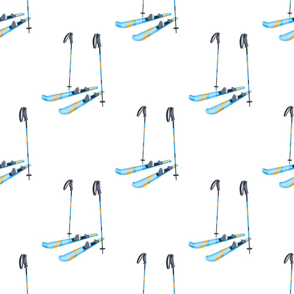 Seamless pattern of blue and orange skis and ski poles standing on white background vector