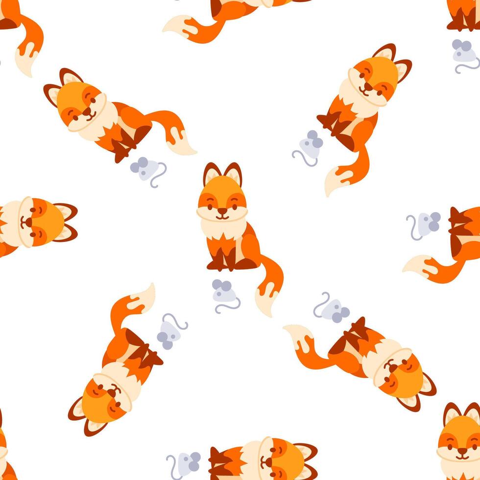 Seamless pattern with cute foxes and mice playing on white background vector