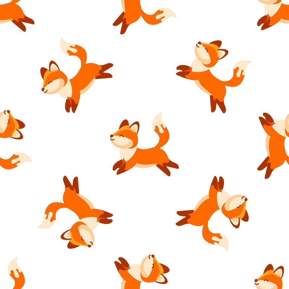 Cute Foxes Running and Jumping Seamless Pattern on White Background vector