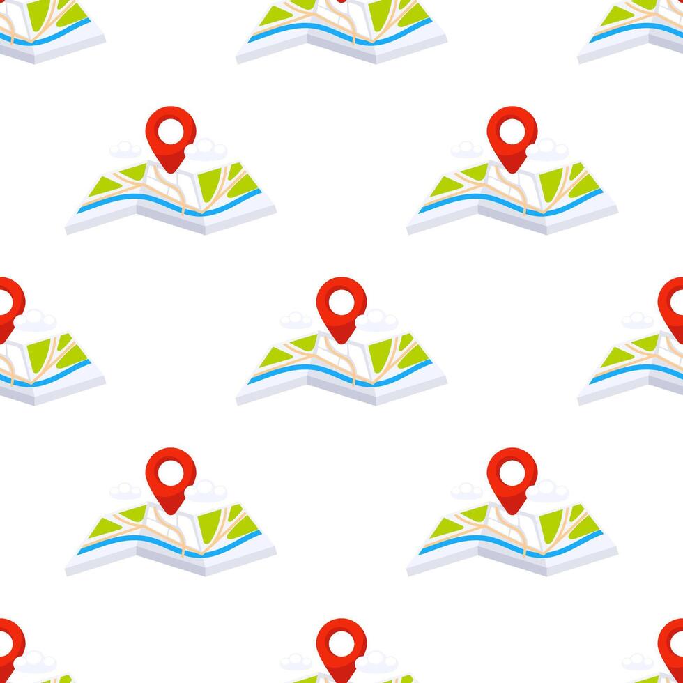 Red Location Pin Marking Destination on Isometric Folded Paper City Map Seamless Pattern vector