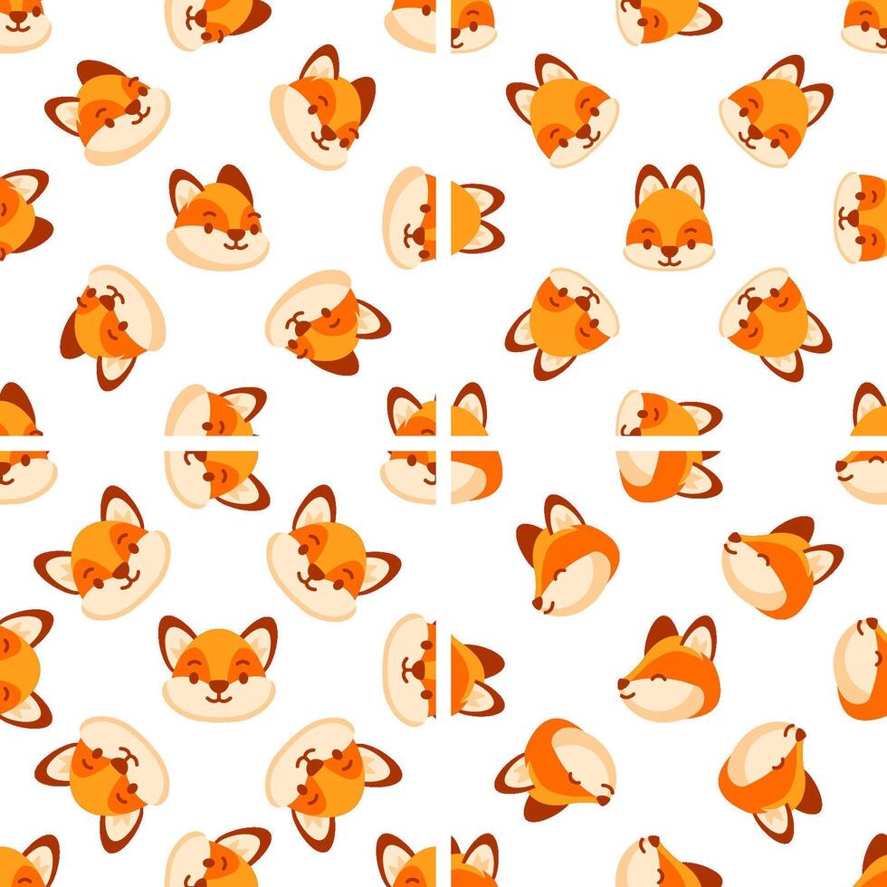 Cute fox head seamless pattern rotating on white background vector