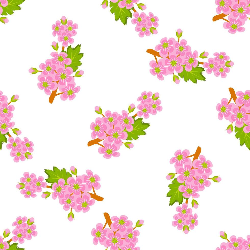 Pink flowers and green leaves creating a floral seamless pattern on white background vector