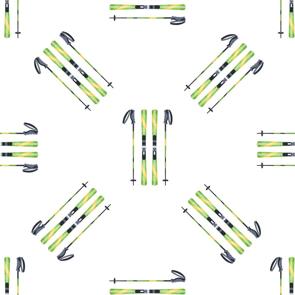 Seamless pattern of green and yellow skis and ski poles showing winter sports equipment for skiing vector