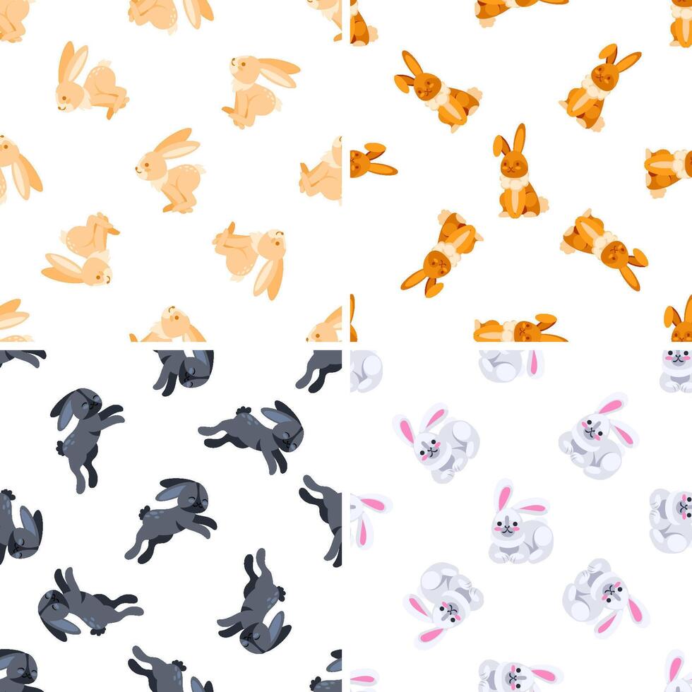 Seamless pattern with cute rabbits lying, sitting and jumping, in white, orange, beige and black vector