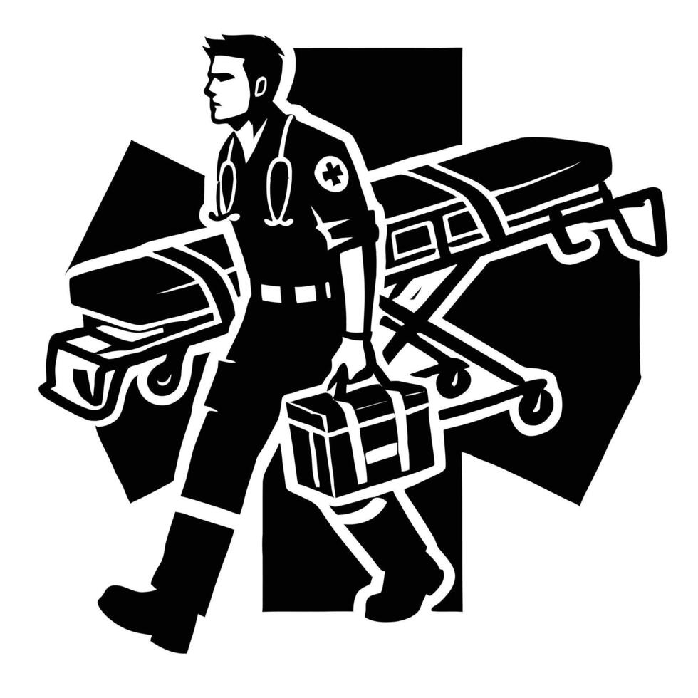 An ambulance man carrying a stretcher and a box vector
