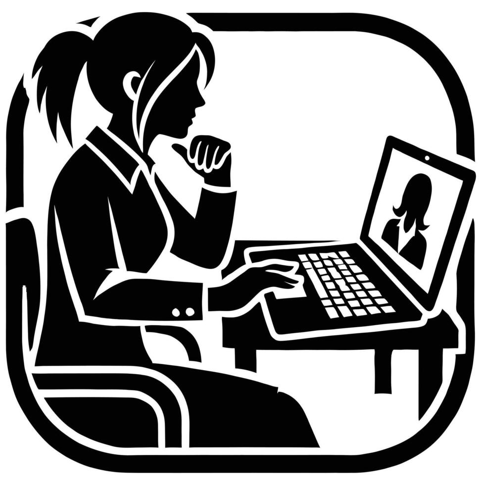 Woman working on laptop with image of woman on screen vector