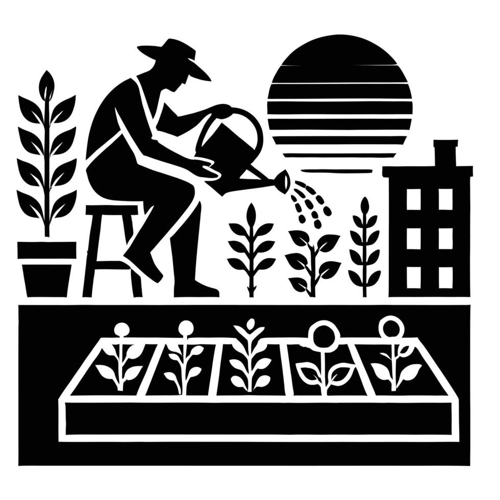 A black and white illustration of a man watering plants vector