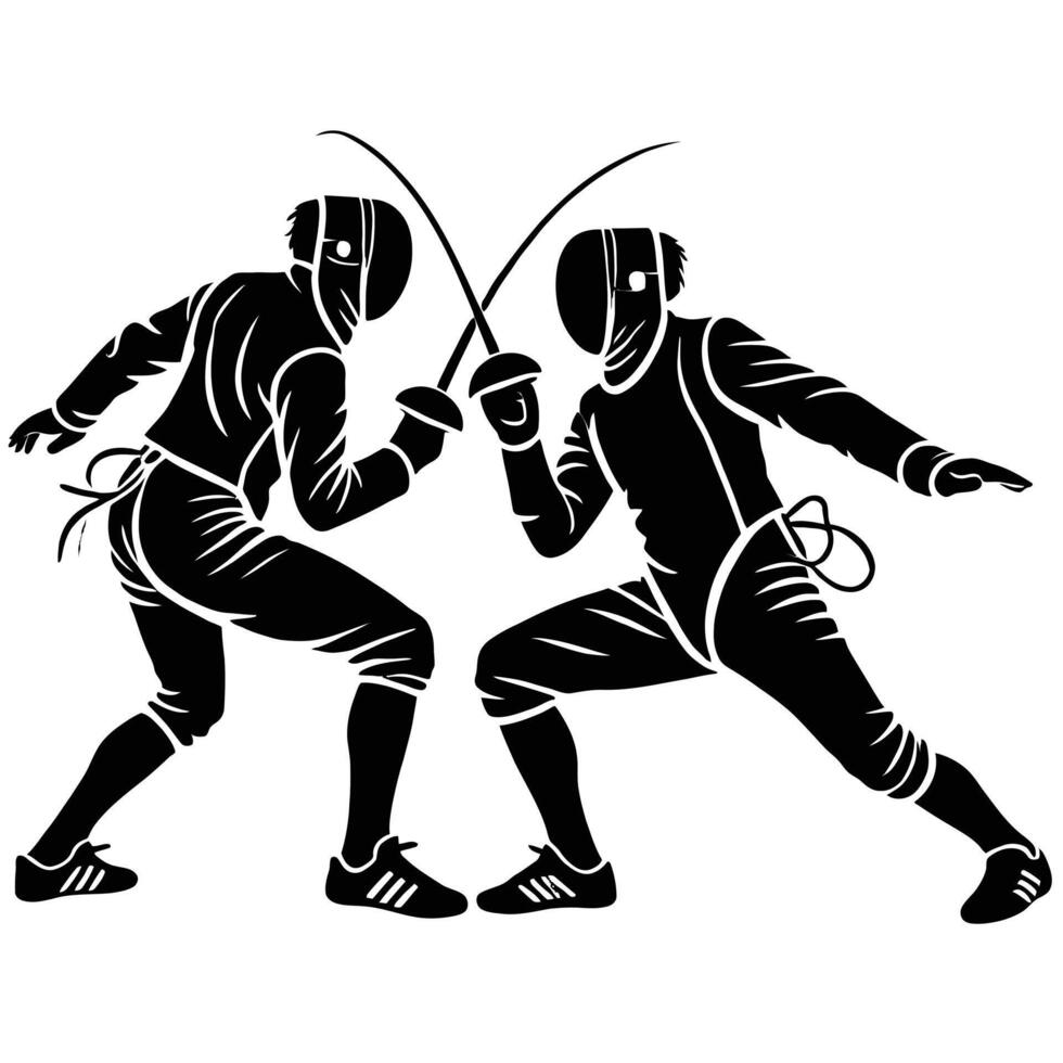 Two people fencing in silhouette on a white background vector