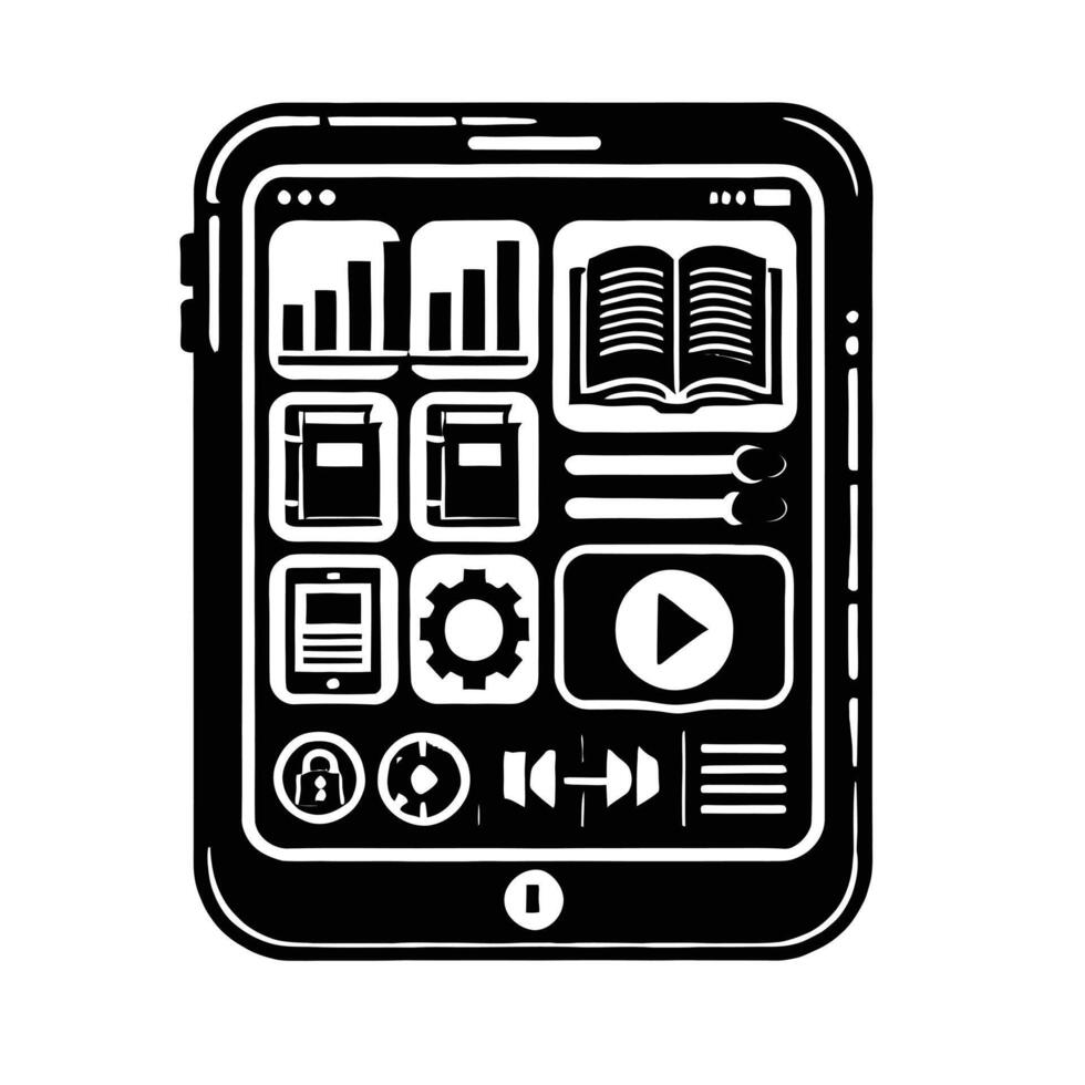 A black and white illustration of a tablet computer vector