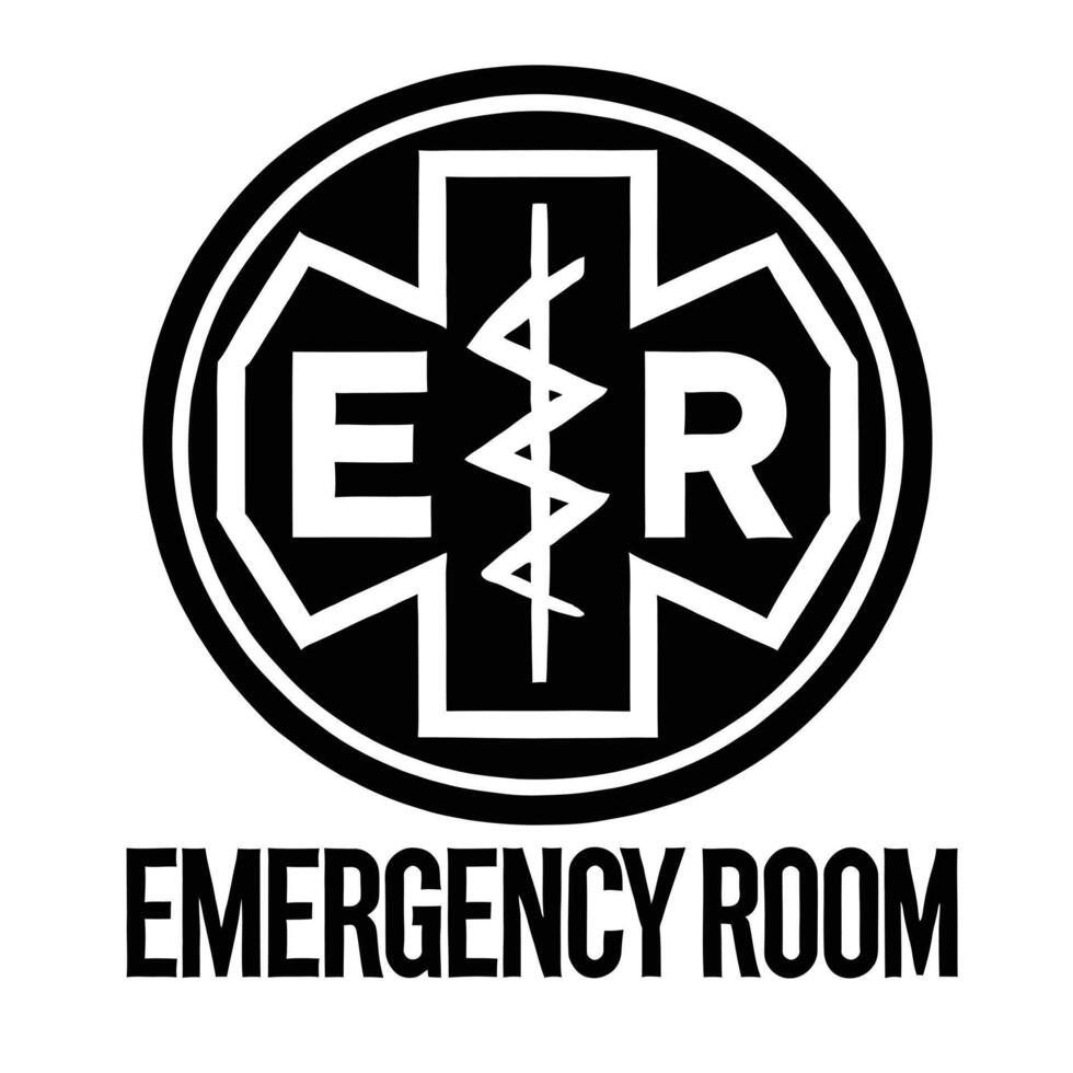 The emergency room logo is shown in black and white vector