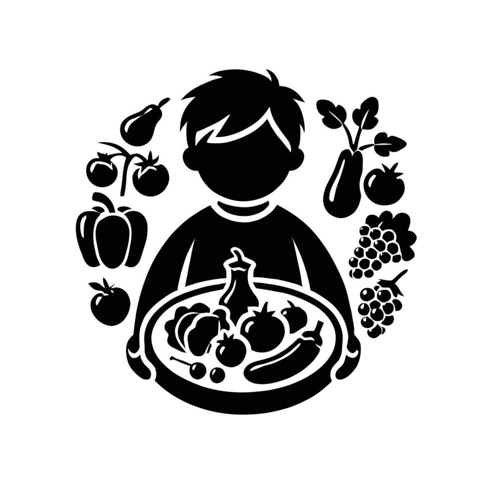 A black and white illustration of a boy holding a plate of vegetables vector