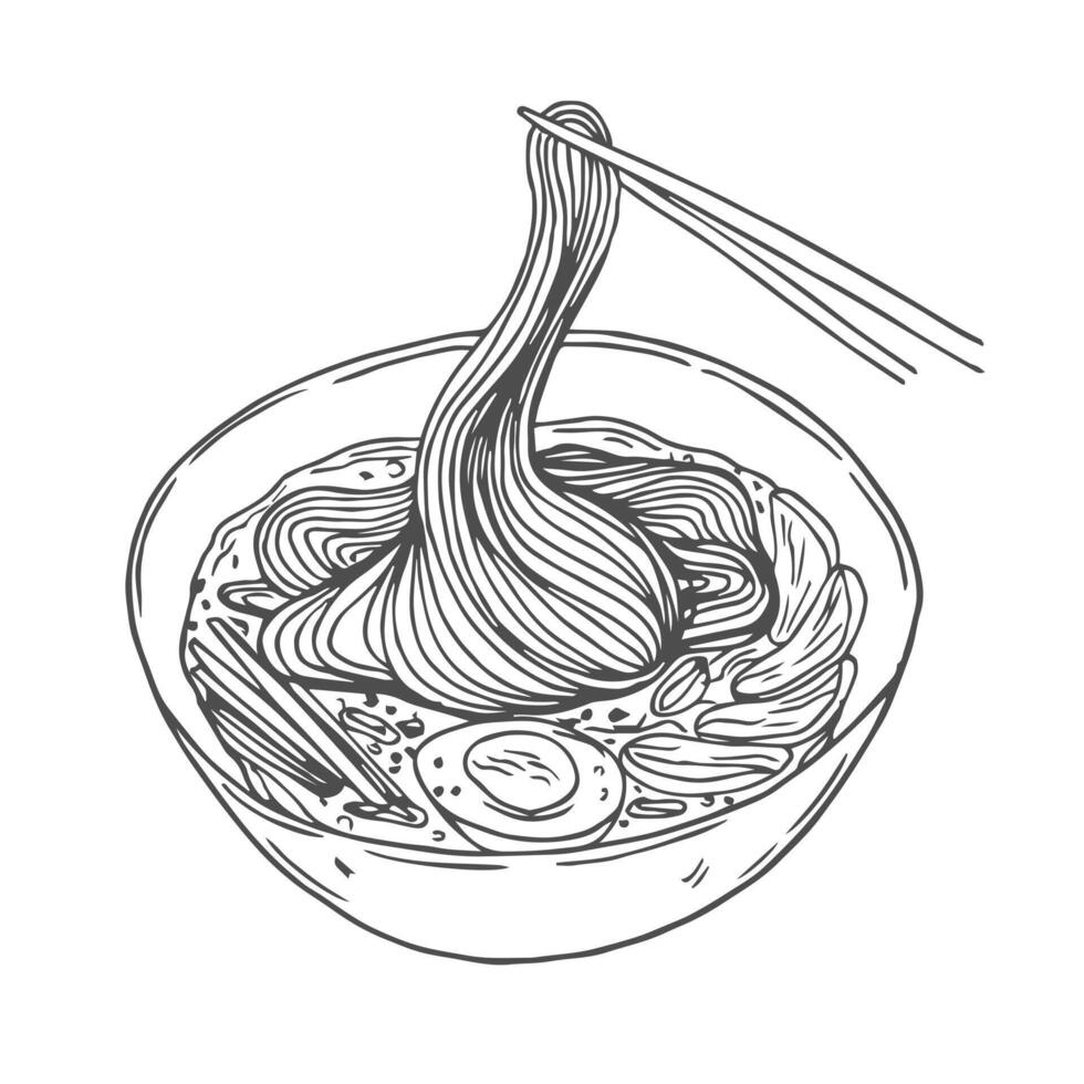 Bowl noodles and chopsticks sketch. Asian food. Chinese, Korean, Japanese cuisine. Logo template. Hand drawn illustration. vector