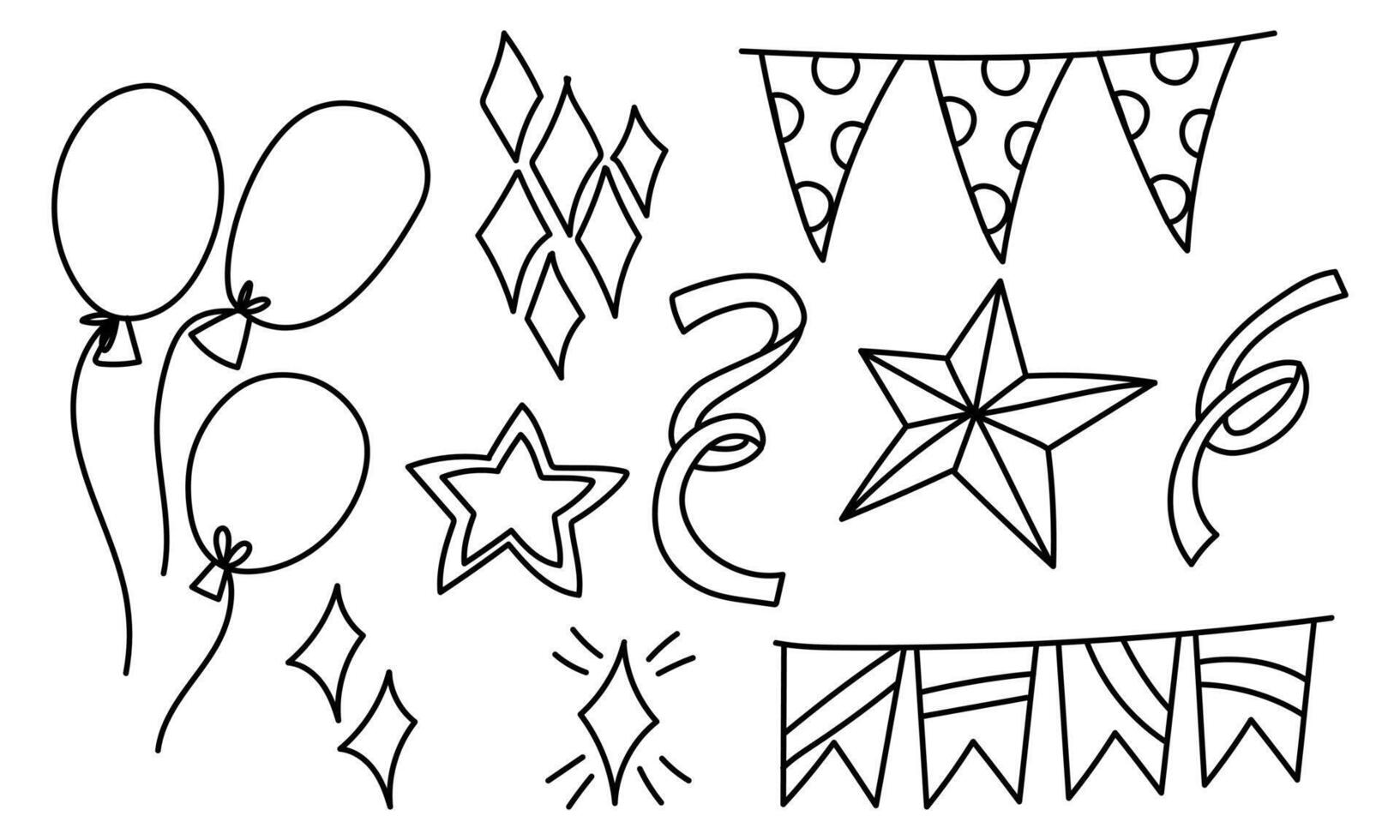 set doodle holiday items with balls, flags, confetti. It is suitable decorating materials parties, holidays, advertisements and products related to various celebrations and festive events. birthday vector