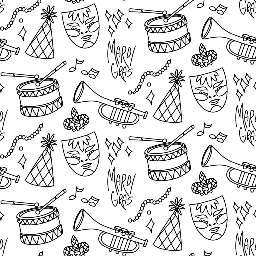 doodle Mardi gras pattern. Texture of the inscription, mask, musical instruments, hat, beads. Printing materials, products for advertising campaigns, decorations related carnival celebrations, events vector