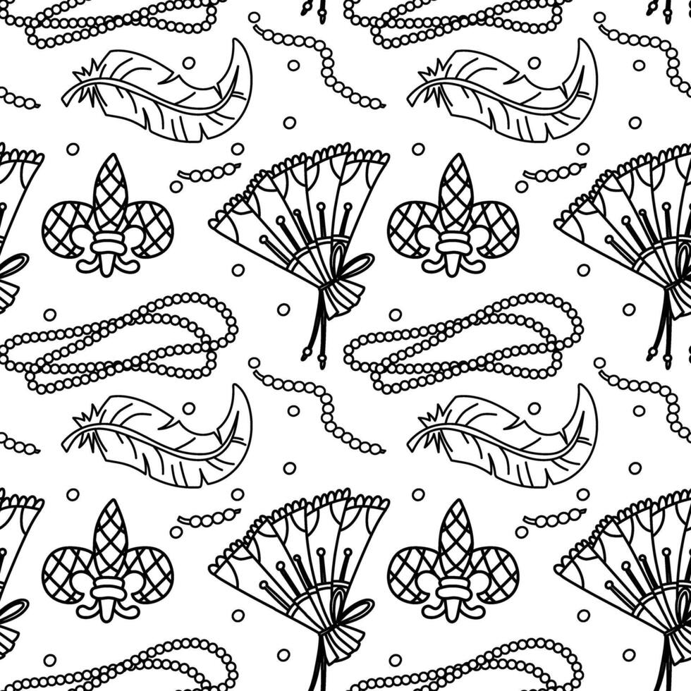 pattern of party supplies for Mardi Gras. fan, beads and feathers are female. It is suitable for decorating materials, advertising campaigns and products related to the Mardi Gras holiday, carnival vector