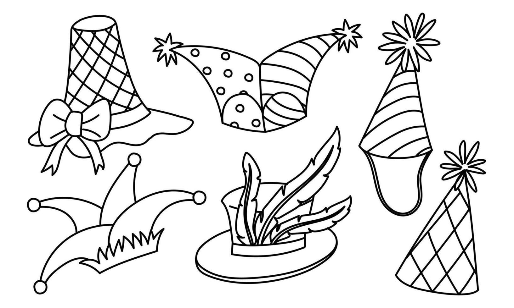 set of doodle hats for Mardi Gras. Linear illustration is suitable for decorating carnival events, festive accessories, promotional materials and products related to theme of holidays and masquerades. vector