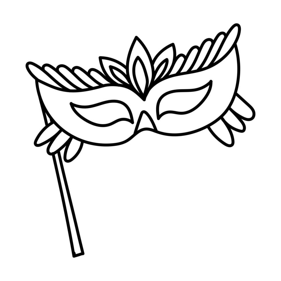 mask with a holder and doodle feathers for Mardi Gras. Isolated contour in monochrome. For use in design of materials, advertising, goods and decor related to the holiday, carnival events, parties vector