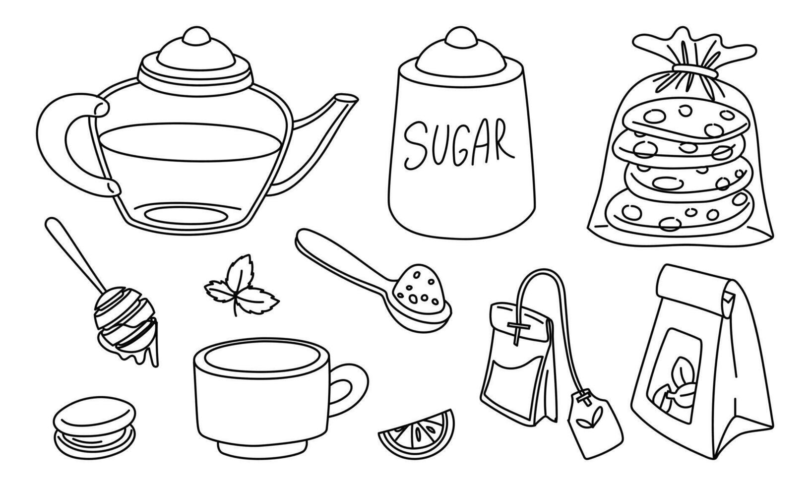 Doodle-style tea set with mugs, teapots, biscuits, lemon, mint and sugar. It is ideal for use in tea packaging design, kitchen accessories, cafes, culinary blogs and restaurants. individual items vector