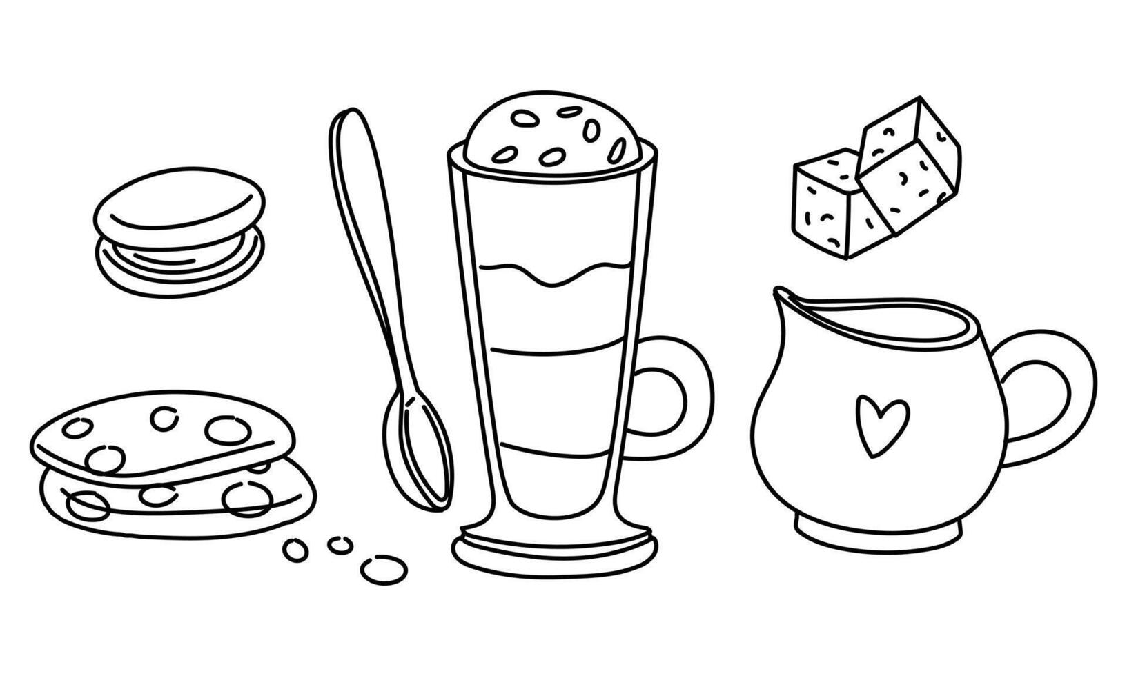 set in the style of doodles with mug of coffee, cookies, cream, sugar cubes. It is ideal for tea packaging design, kitchen accessories, cafes, culinary blogs, restaurants. Individual elements on white vector