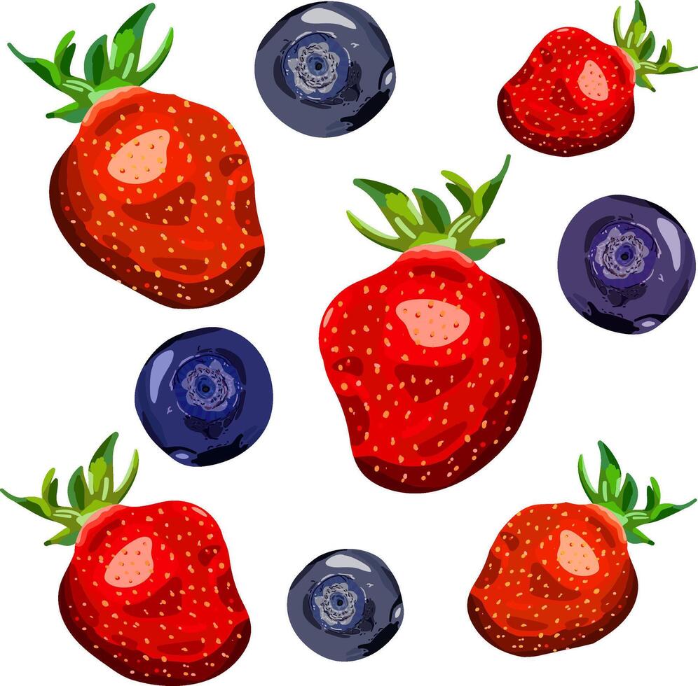 Hand drawn set of summer berries, isolated elements of strawberries and blueberries, fresh fruit illustrations, natural food graphics, bright colors, healthy food vector