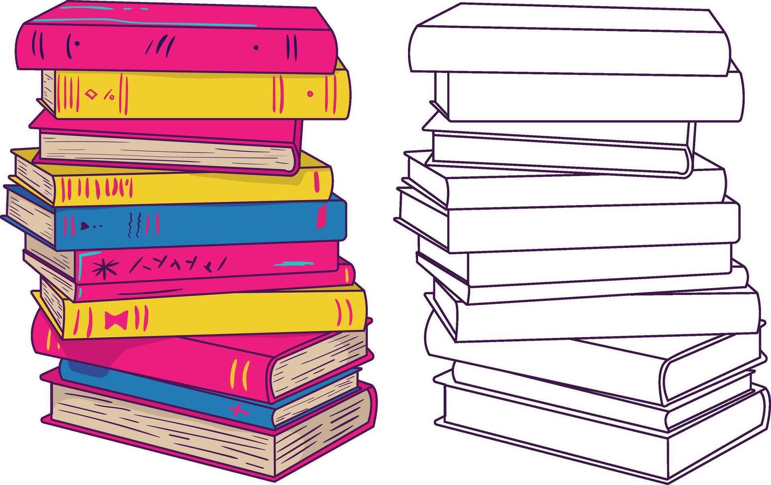 Vivid neon and outline book stacks illustrations - educational, library and reading concept for book lovers, learning and literary design vector