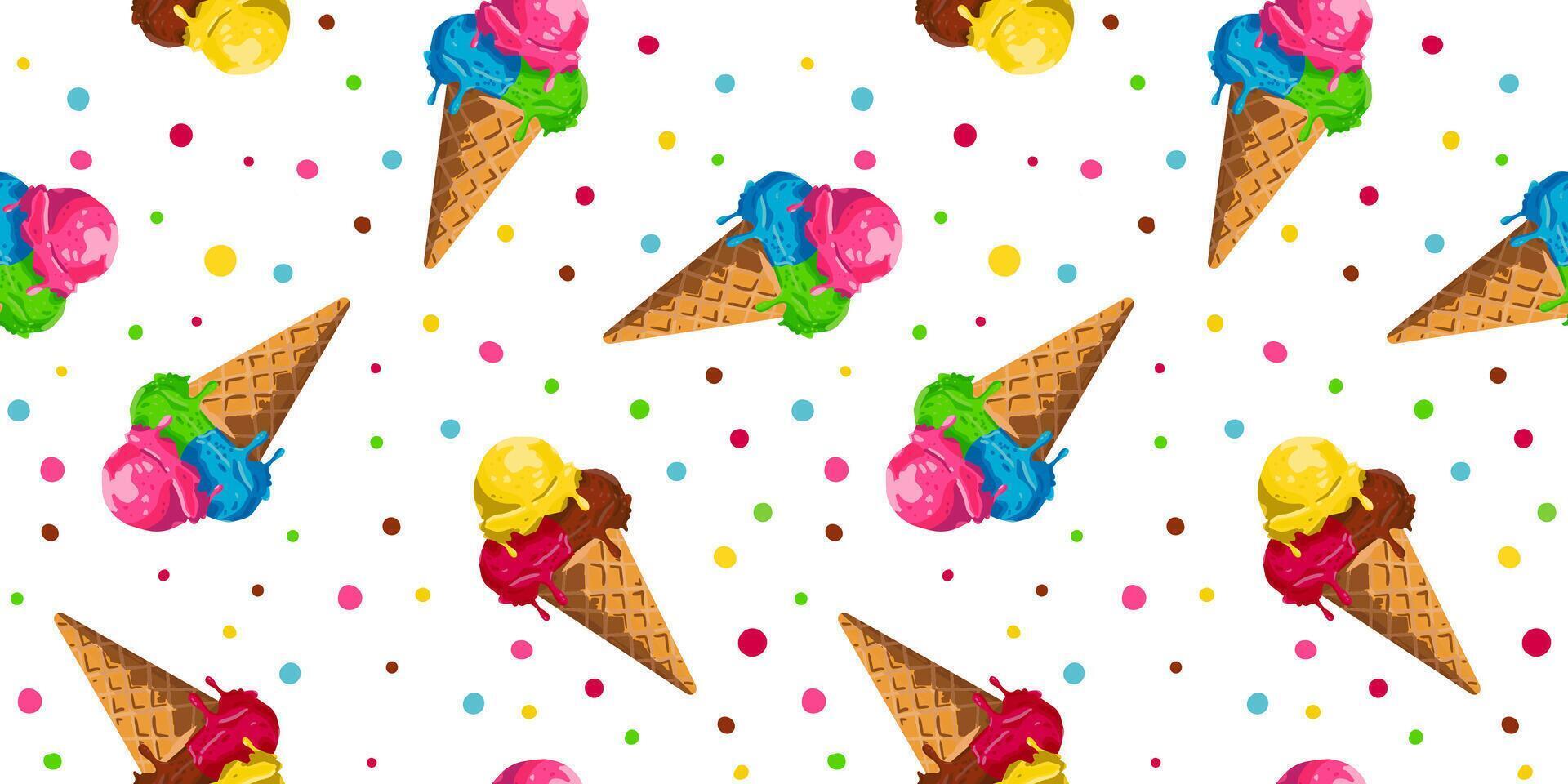 Seamless summer ice cream pattern with colorful waffle cones, melting scoops, and confetti dots. Perfect for postcards, textile design, wallpapers, and wrapping vector